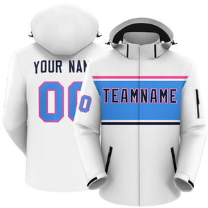 Custom White Pink-Powder Blue Color Block Personalized Outdoor Hooded Waterproof Jacket