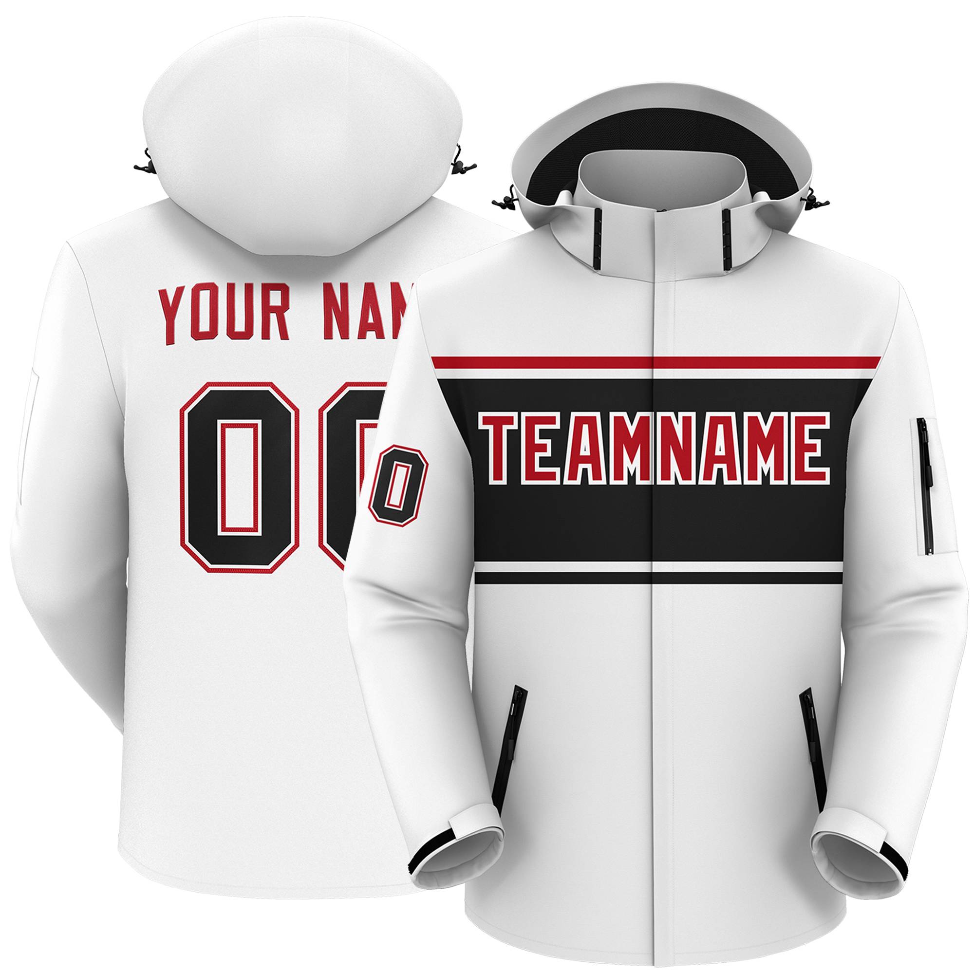 Custom White Red-Black Color Block Personalized Outdoor Hooded Waterproof Jacket