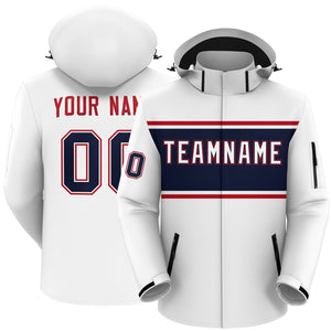 Custom White Red-Navy Color Block Personalized Outdoor Hooded Waterproof Jacket