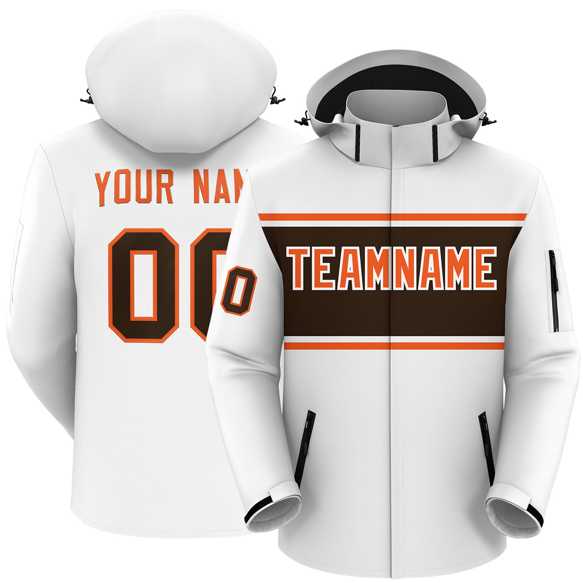 Custom White Orange-Brown Color Block Personalized Outdoor Hooded Waterproof Jacket