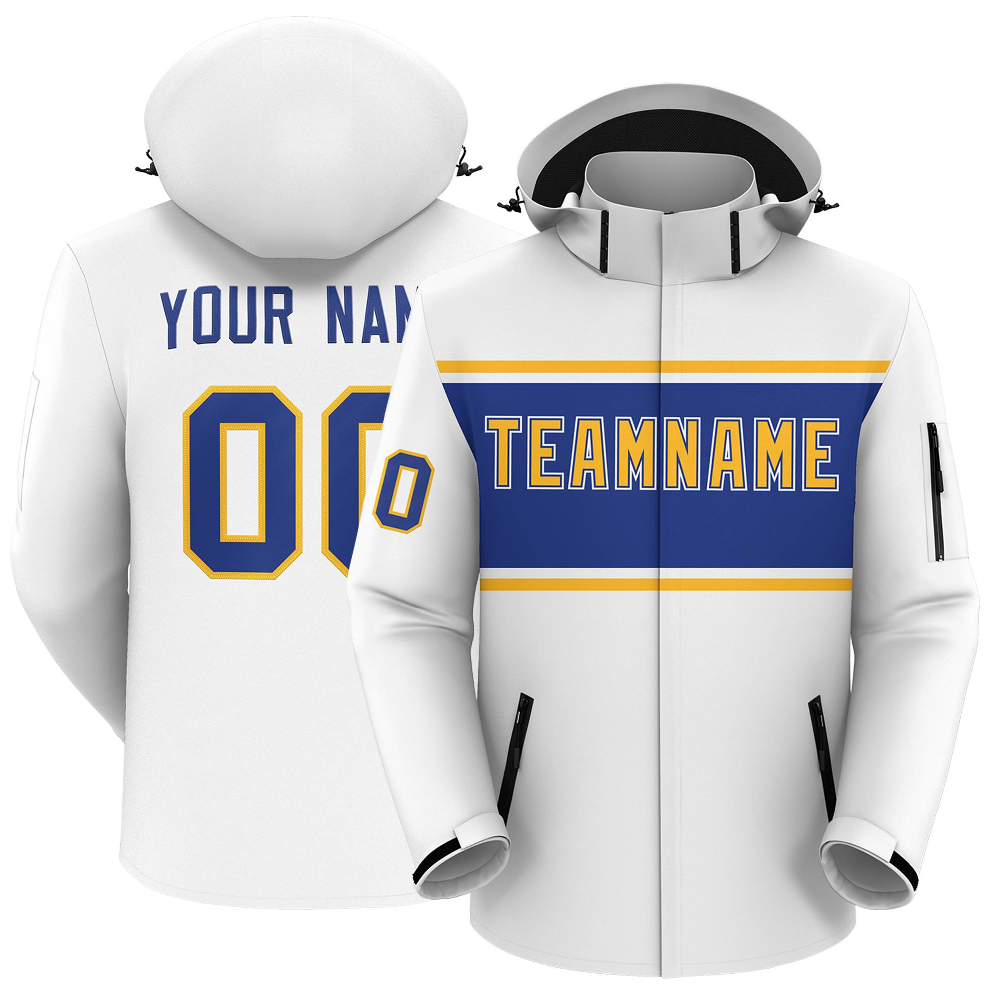 Custom White Gold-Royal Color Block Personalized Outdoor Hooded Waterproof Jacket