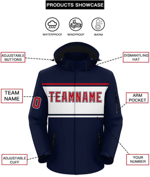 Custom Navy Red-White Color Block Personalized Outdoor Hooded Waterproof Jacket