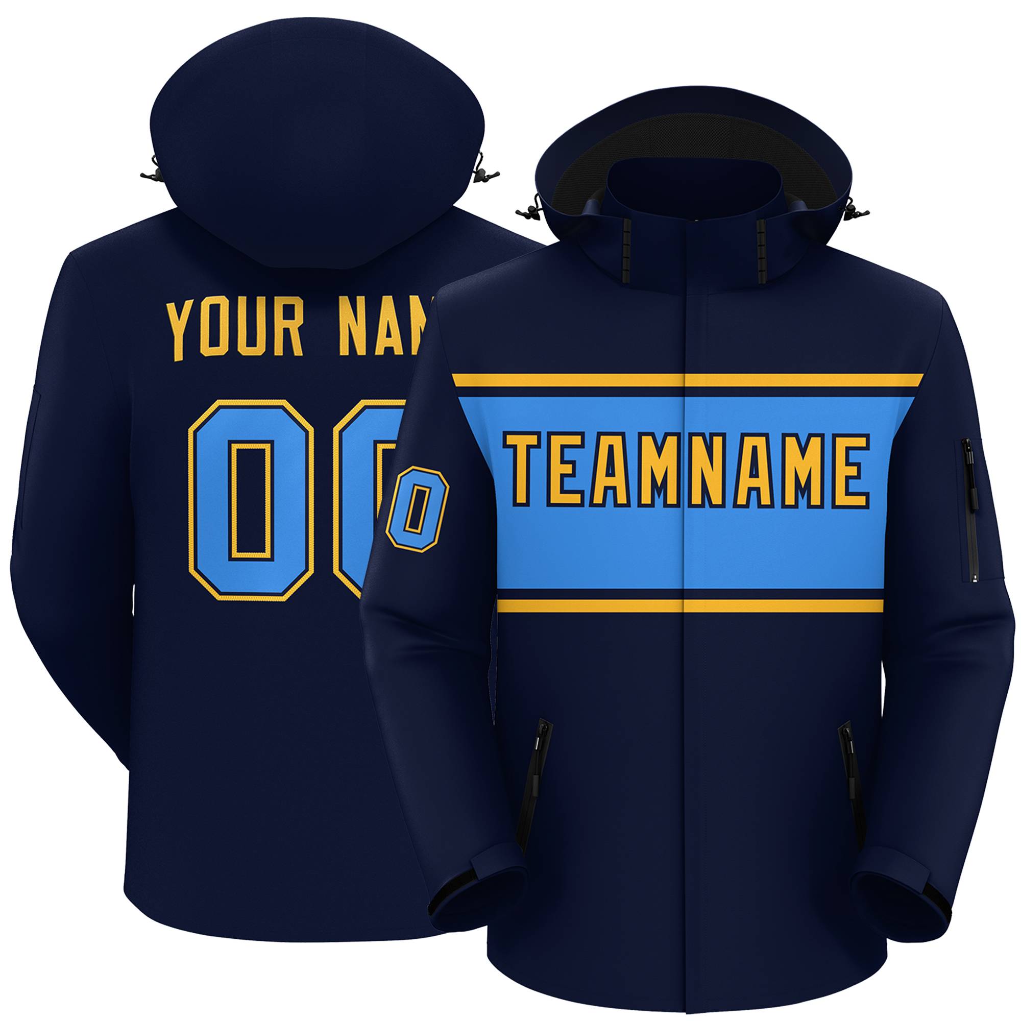 Custom Navy Gold-Powder Blue Color Block Personalized Outdoor Hooded Waterproof Jacket