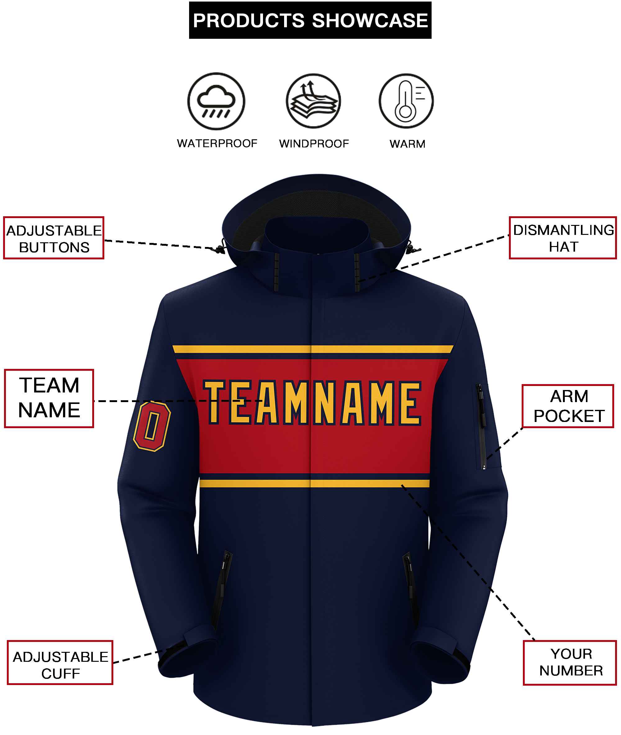 Custom Navy Gold-Red Color Block Personalized Outdoor Hooded Waterproof Jacket