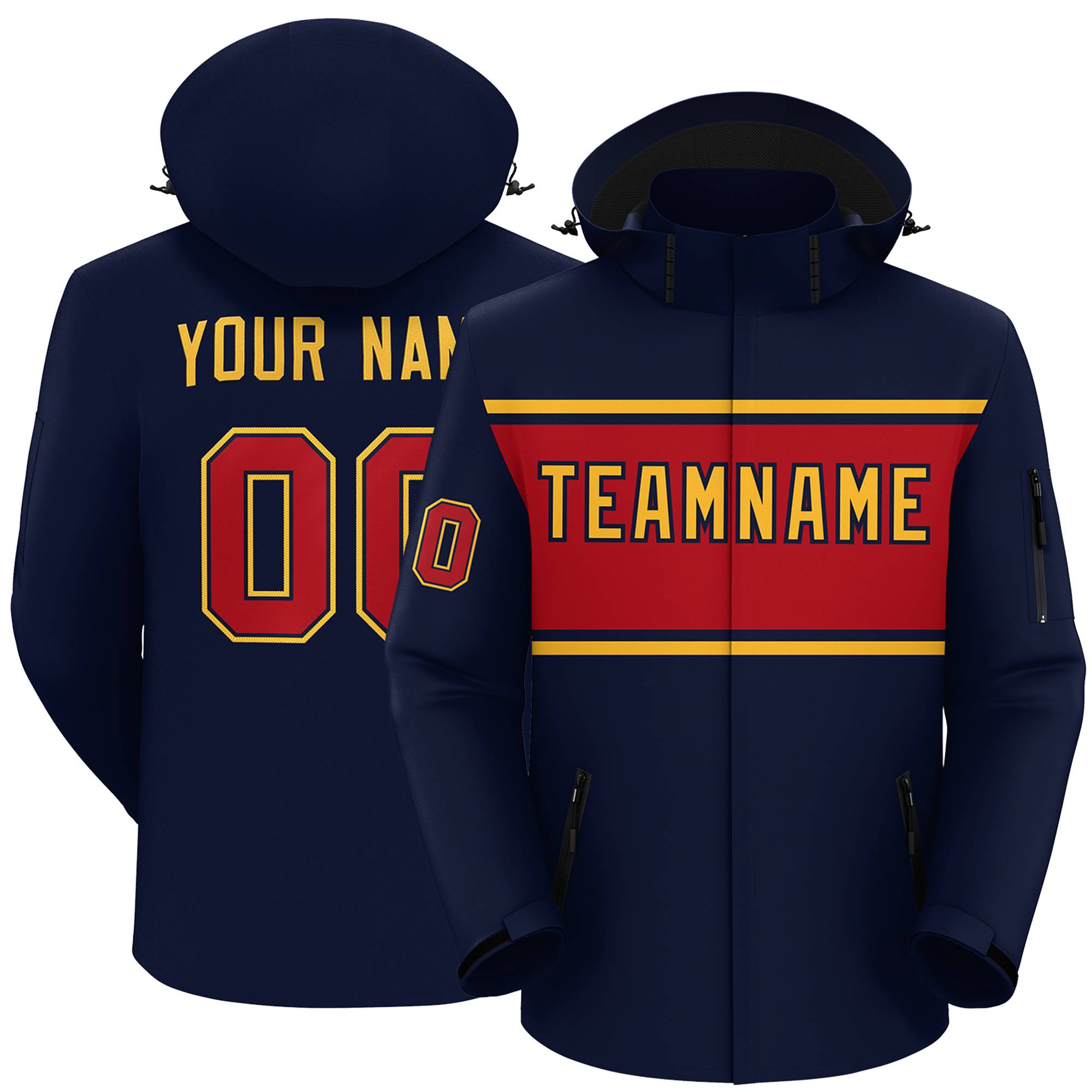 Custom Navy Gold-Red Color Block Personalized Outdoor Hooded Waterproof Jacket