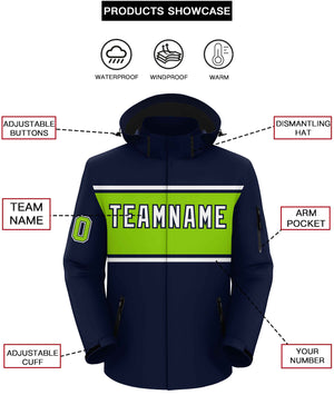 Custom Navy White-Neon Green Color Block Personalized Outdoor Hooded Waterproof Jacket