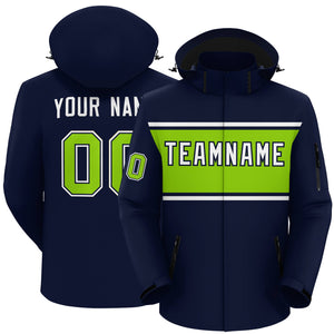 Custom Navy White-Neon Green Color Block Personalized Outdoor Hooded Waterproof Jacket