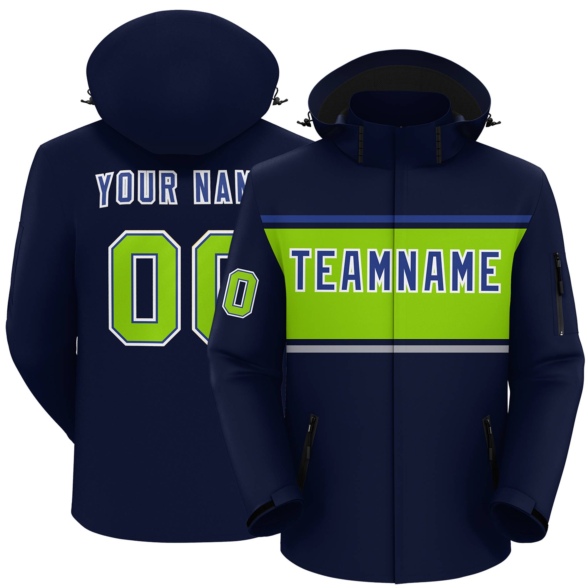 Custom Navy Royal-Neon Green Color Block Personalized Outdoor Hooded Waterproof Jacket