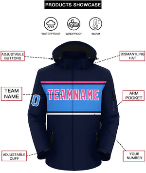 Custom Navy Pink-Powder Blue Color Block Personalized Outdoor Hooded Waterproof Jacket