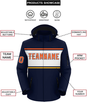 Custom Navy Orange-White Color Block Personalized Outdoor Hooded Waterproof Jacket