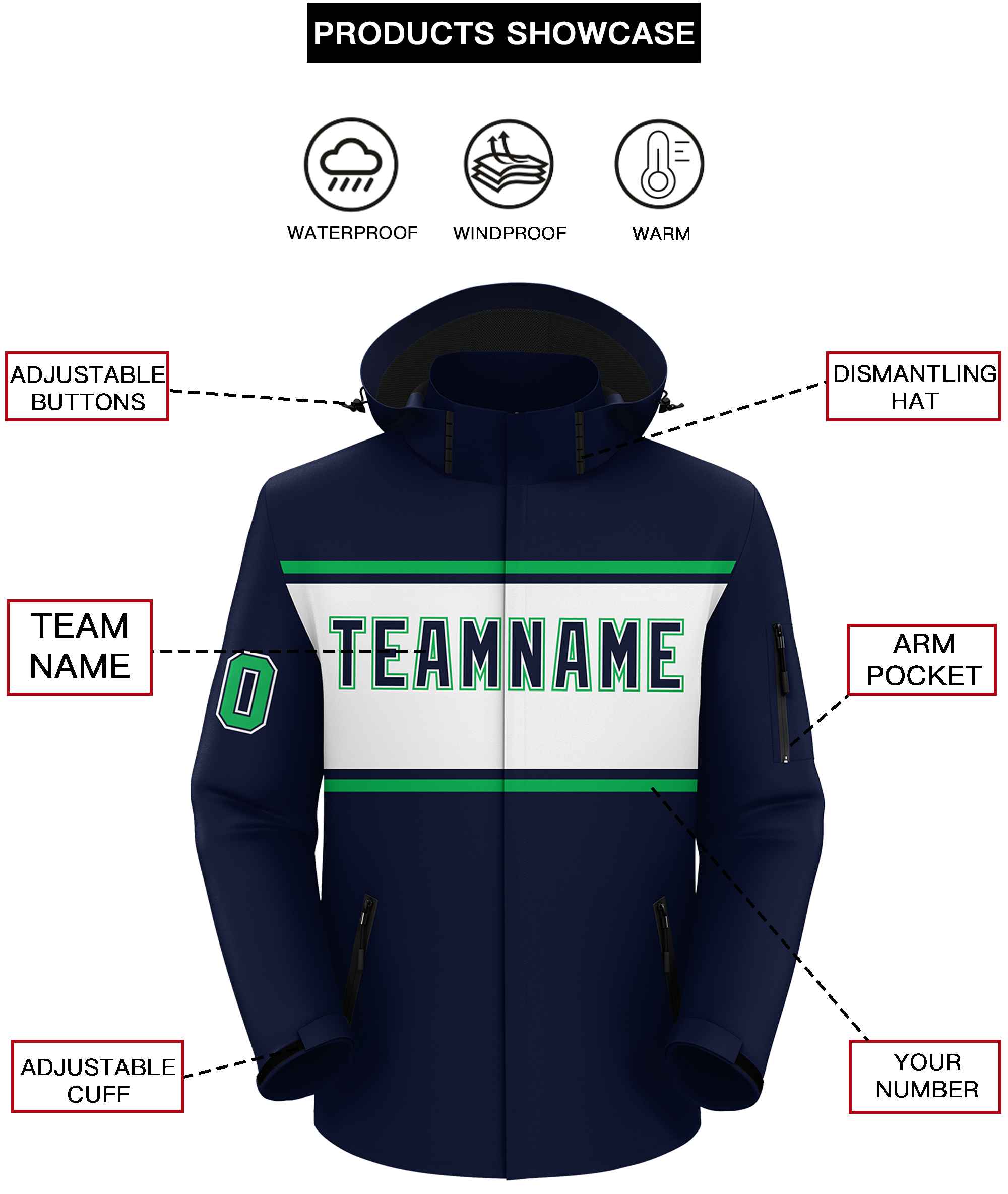 Custom Navy Kelly Green-White Color Block Personalized Outdoor Hooded Waterproof Jacket