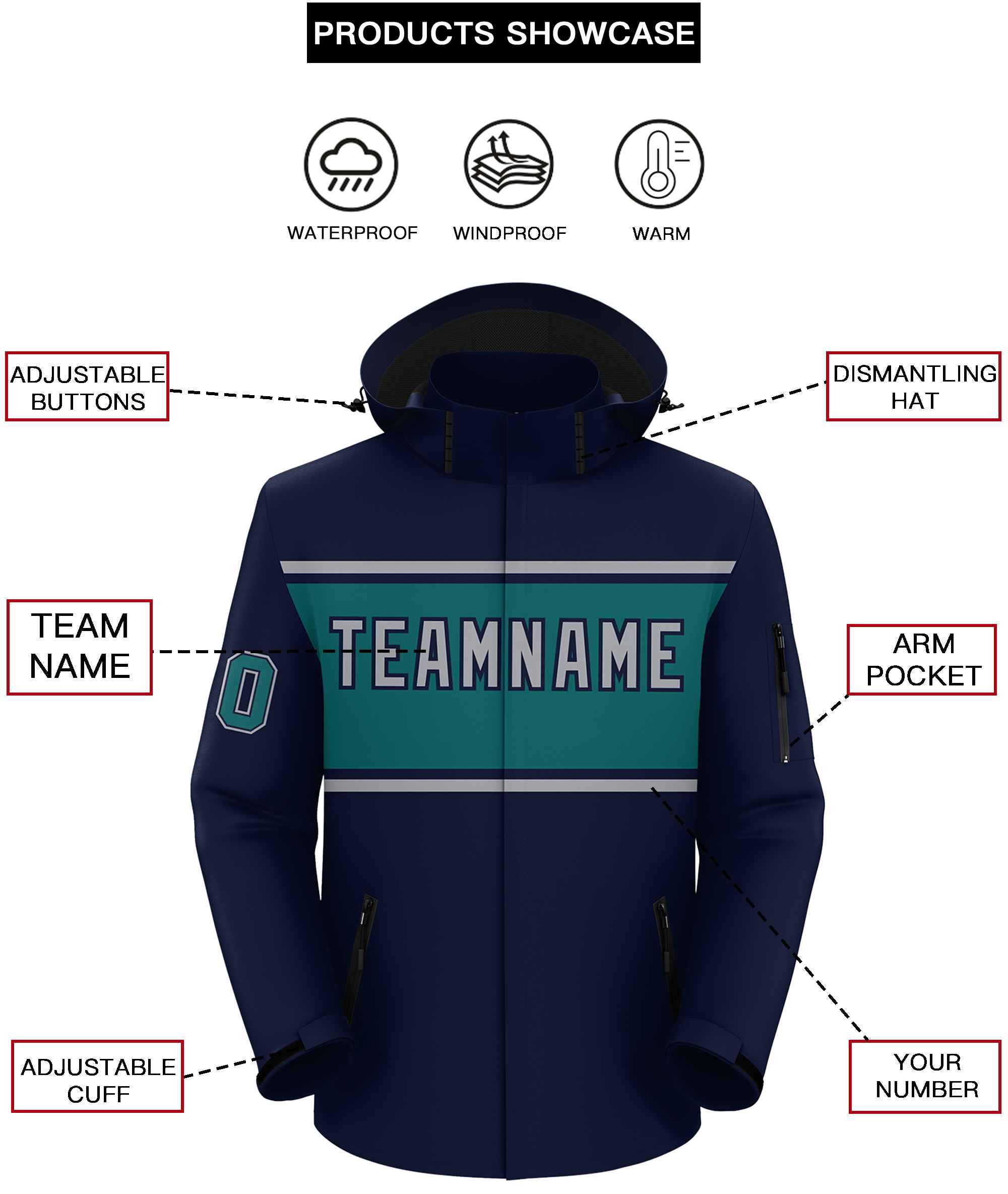 Custom Navy Gray-Aqua Color Block Personalized Outdoor Hooded Waterproof Jacket