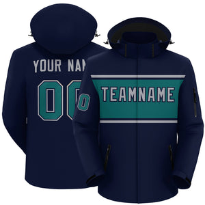 Custom Navy Gray-Aqua Color Block Personalized Outdoor Hooded Waterproof Jacket