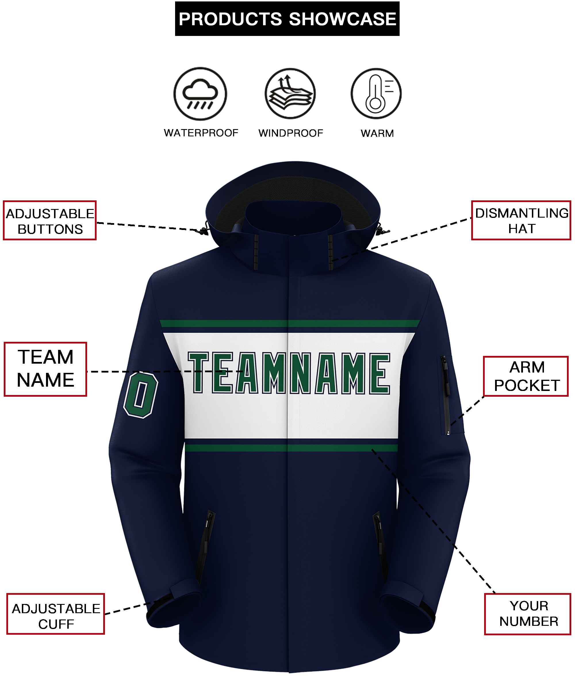 Custom Navy Green-White Color Block Personalized Outdoor Hooded Waterproof Jacket