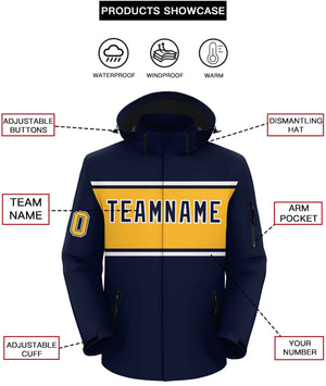 Custom Navy White-Gold Color Block Personalized Outdoor Hooded Waterproof Jacket