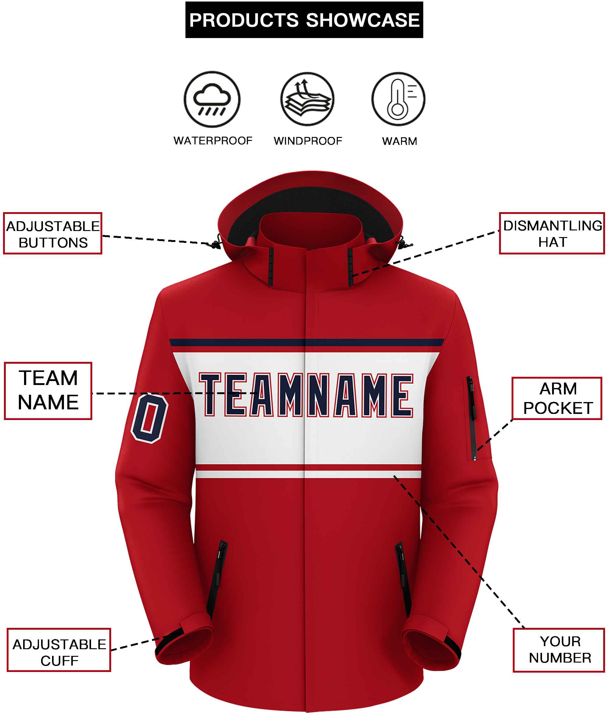 Custom Red Navy-White Color Block Personalized Outdoor Hooded Waterproof Jacket