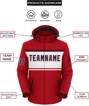 Custom Red Navy-White Color Block Personalized Outdoor Hooded Waterproof Jacket