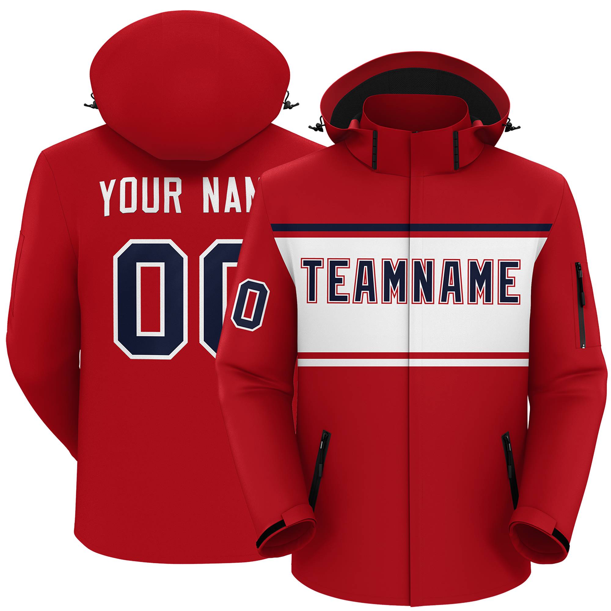 Custom Red Navy-White Color Block Personalized Outdoor Hooded Waterproof Jacket