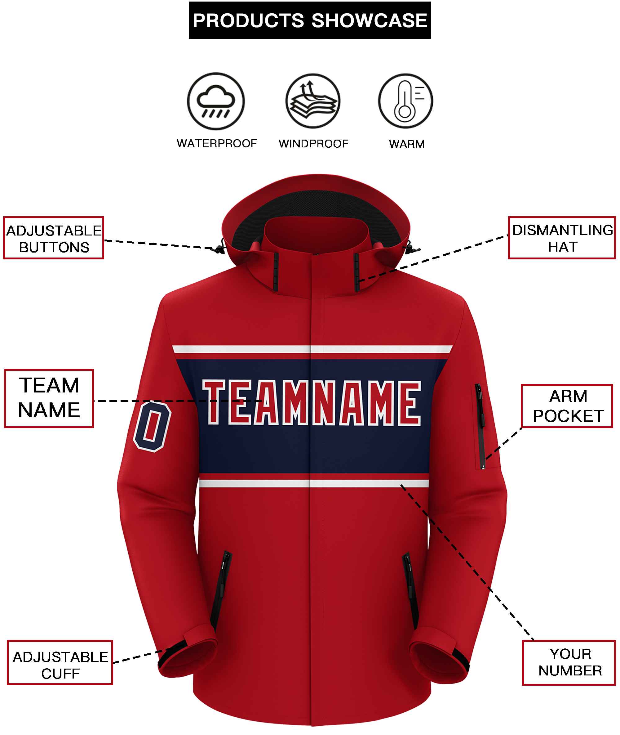 Custom Red White-Navy Color Block Personalized Outdoor Hooded Waterproof Jacket