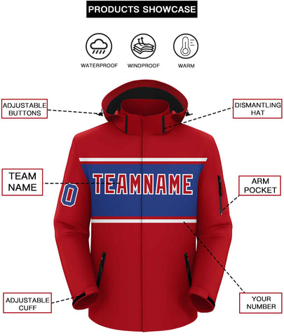 Custom Red White-Royal Color Block Personalized Outdoor Hooded Waterproof Jacket
