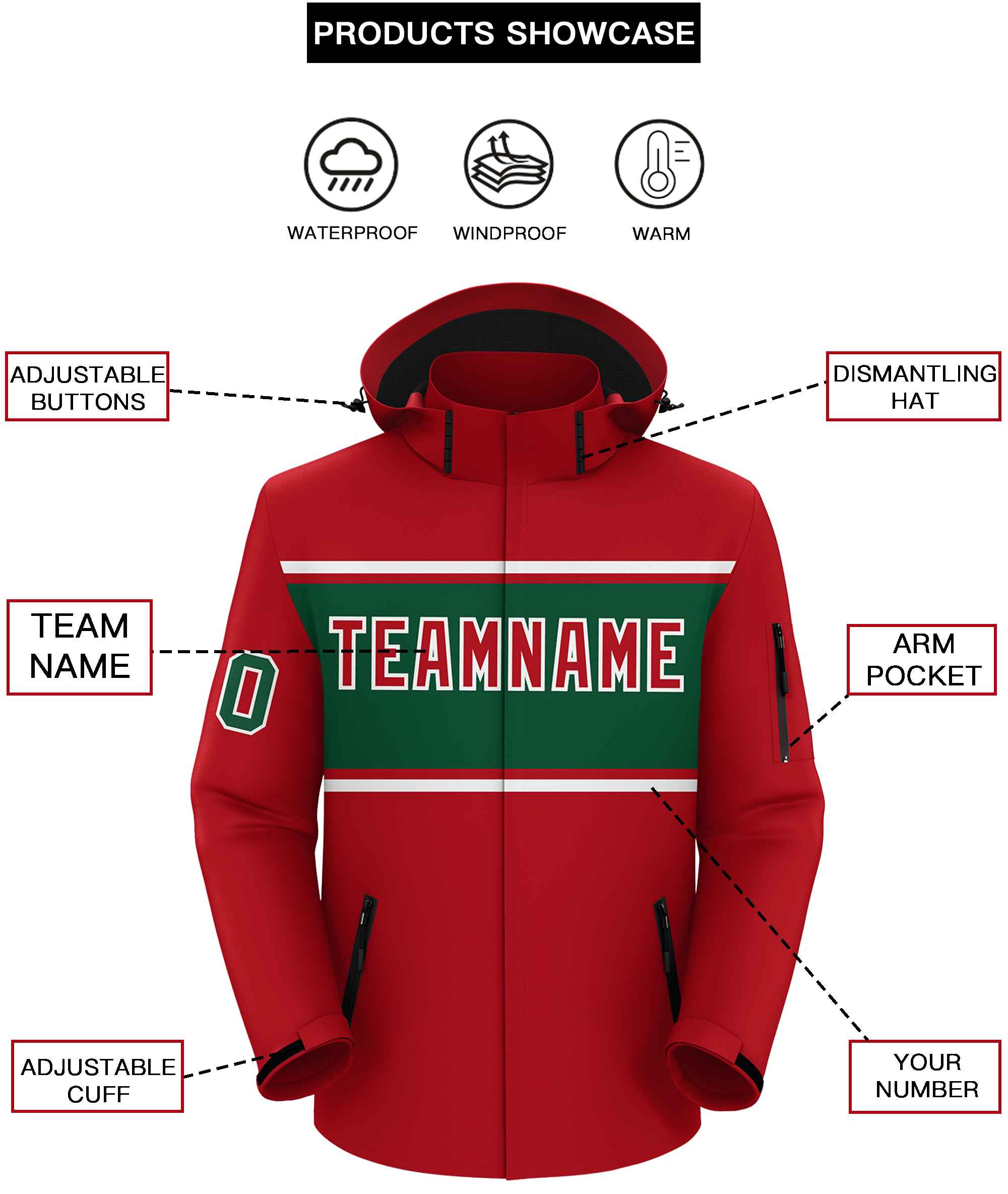 Custom Red White-Green Color Block Personalized Outdoor Hooded Waterproof Jacket