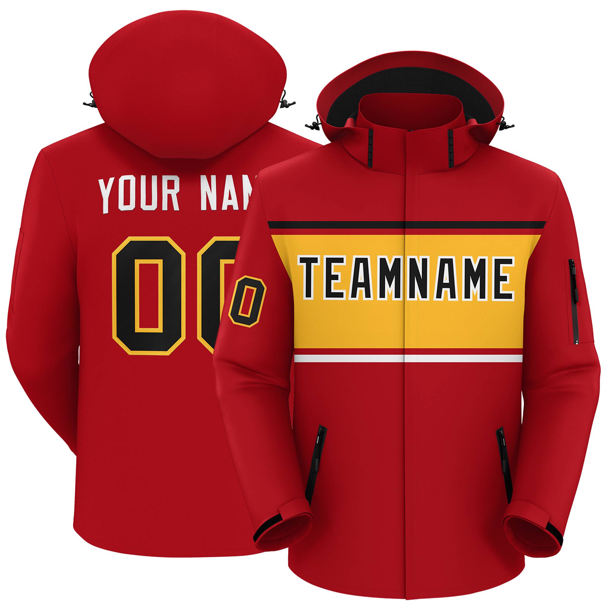 Custom Red Black-Gold Color Block Personalized Outdoor Hooded Waterproof Jacket