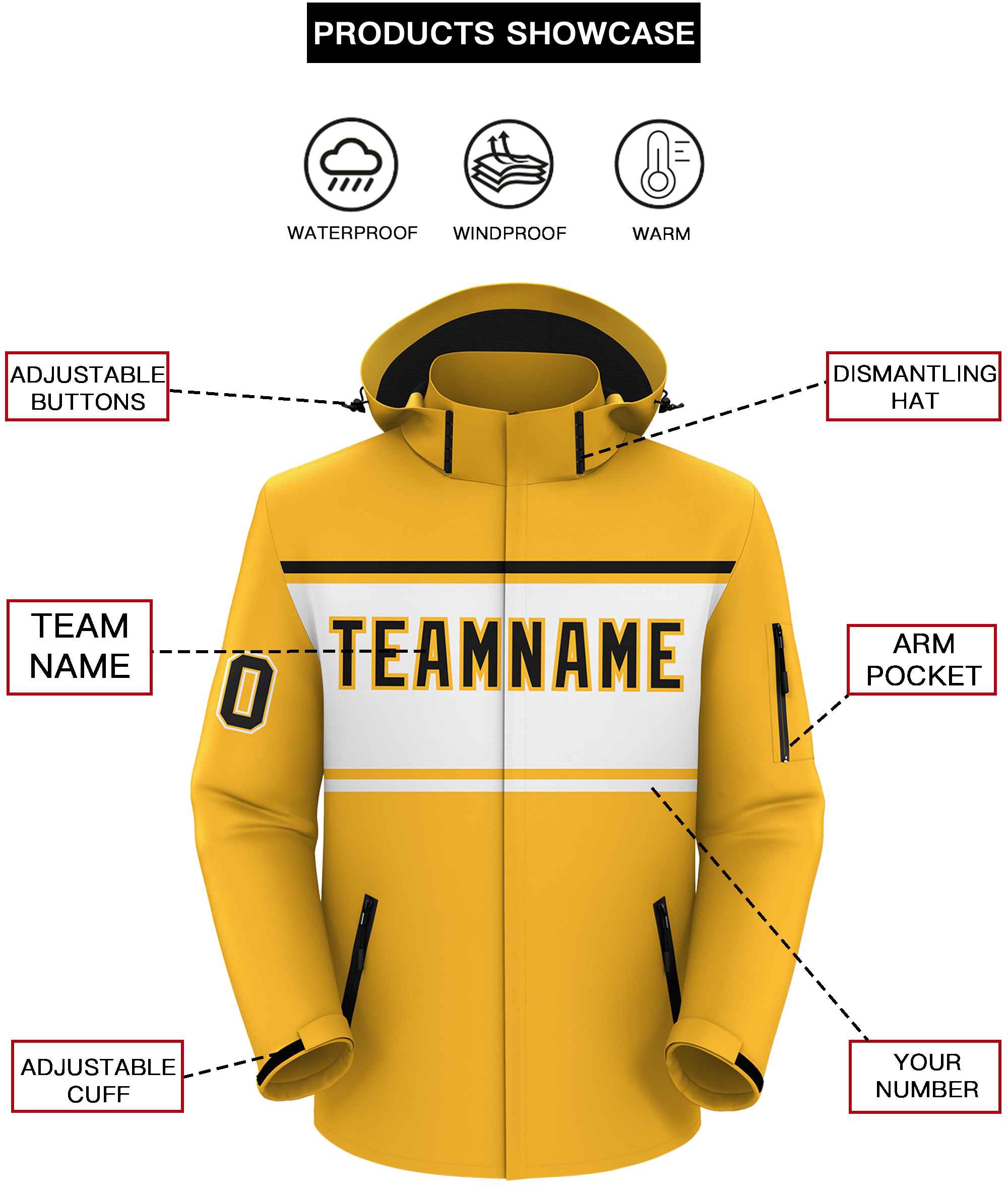 Custom Gold Black-White Color Block Personalized Outdoor Hooded Waterproof Jacket