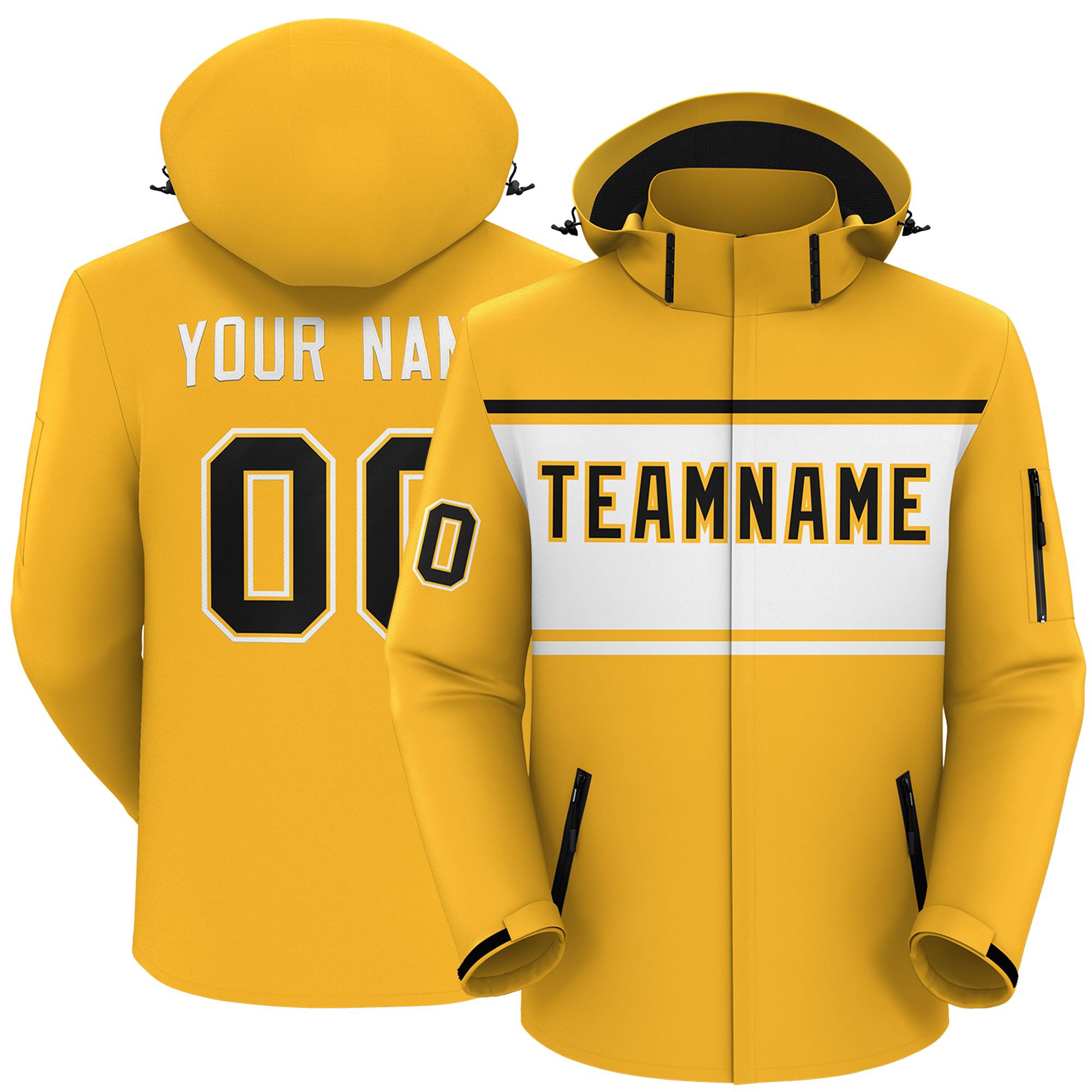 Custom Gold Black-White Color Block Personalized Outdoor Hooded Waterproof Jacket