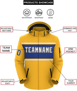 Custom Gold White-Royal Color Block Personalized Outdoor Hooded Waterproof Jacket