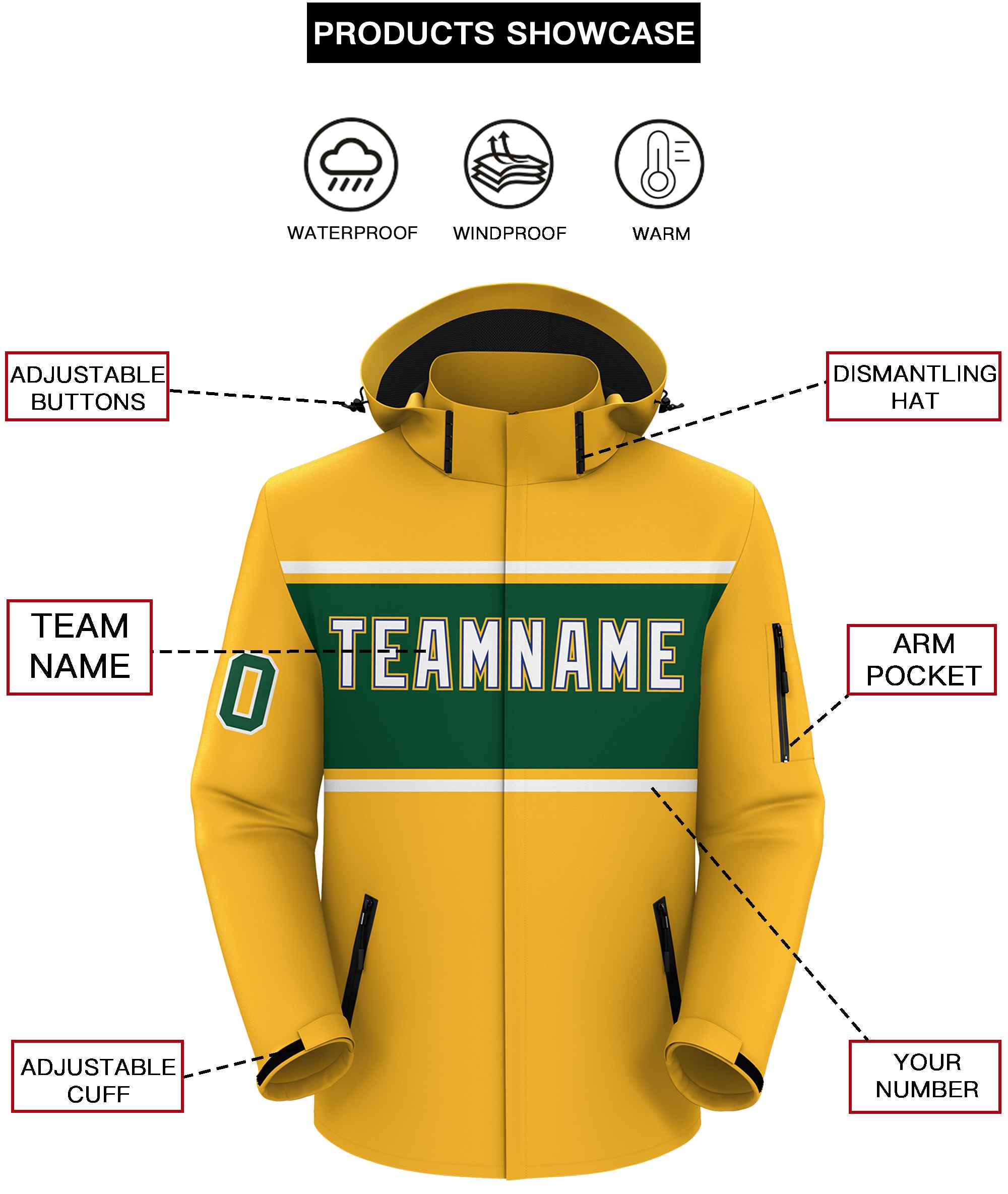 Custom Gold White-Green Color Block Personalized Outdoor Hooded Waterproof Jacket