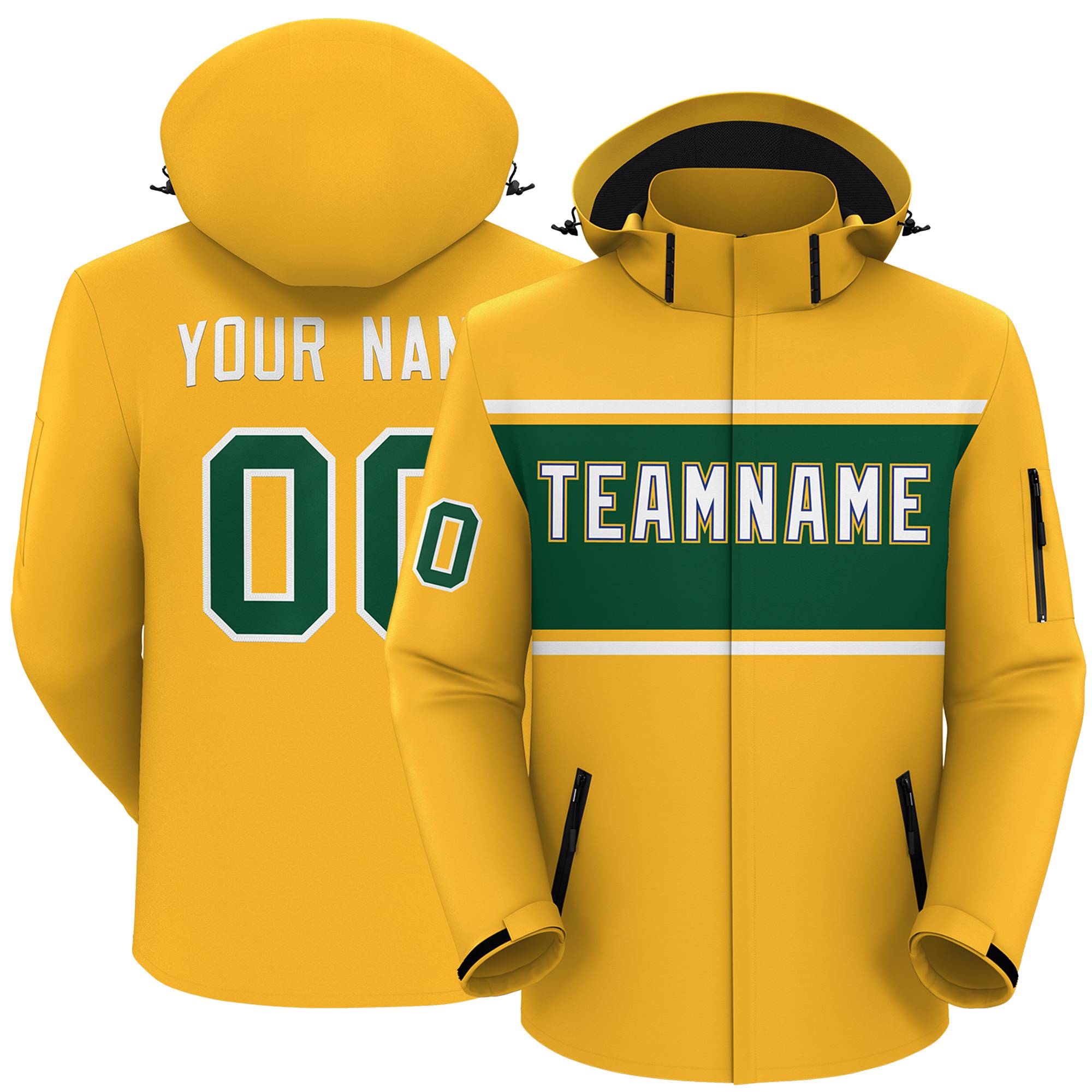 Custom Gold White-Green Color Block Personalized Outdoor Hooded Waterproof Jacket