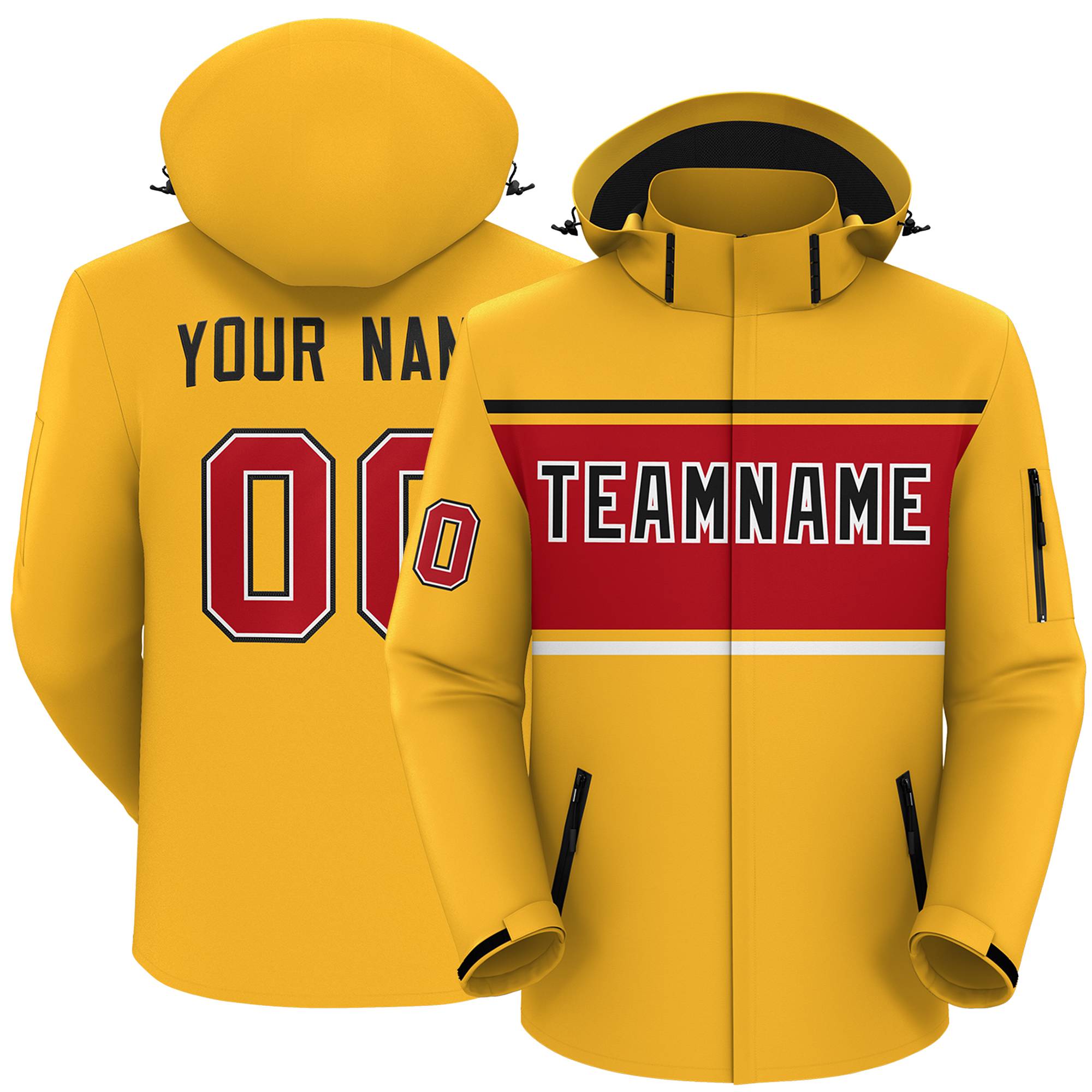 Custom Gold Black-Red Color Block Personalized Outdoor Hooded Waterproof Jacket