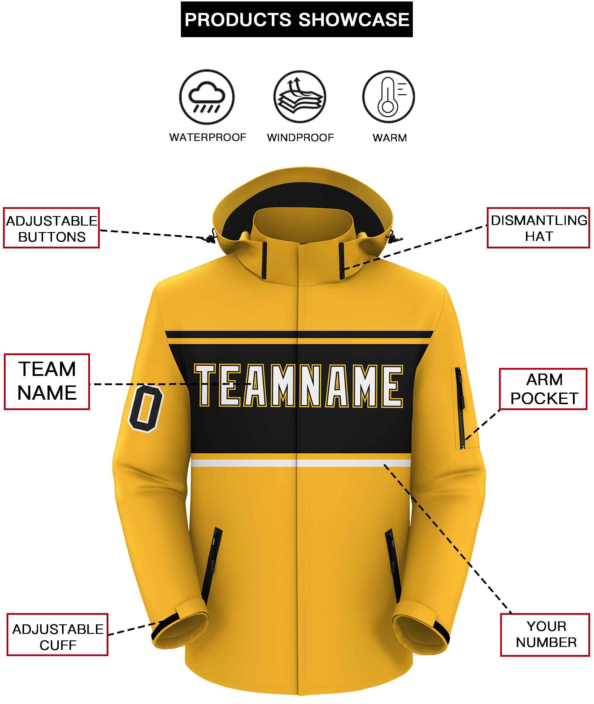 Custom Gold Black-White Color Block Personalized Outdoor Hooded Waterproof Jacket