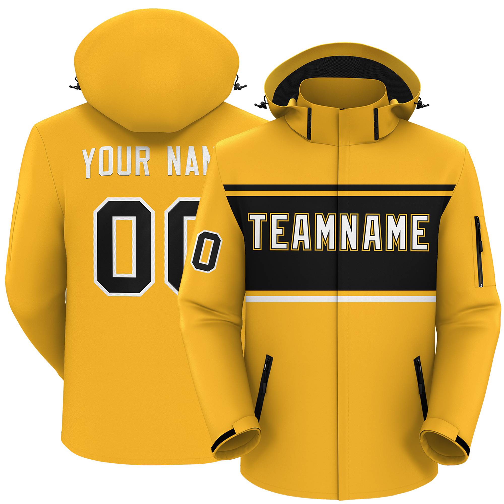 Custom Gold Black-White Color Block Personalized Outdoor Hooded Waterproof Jacket