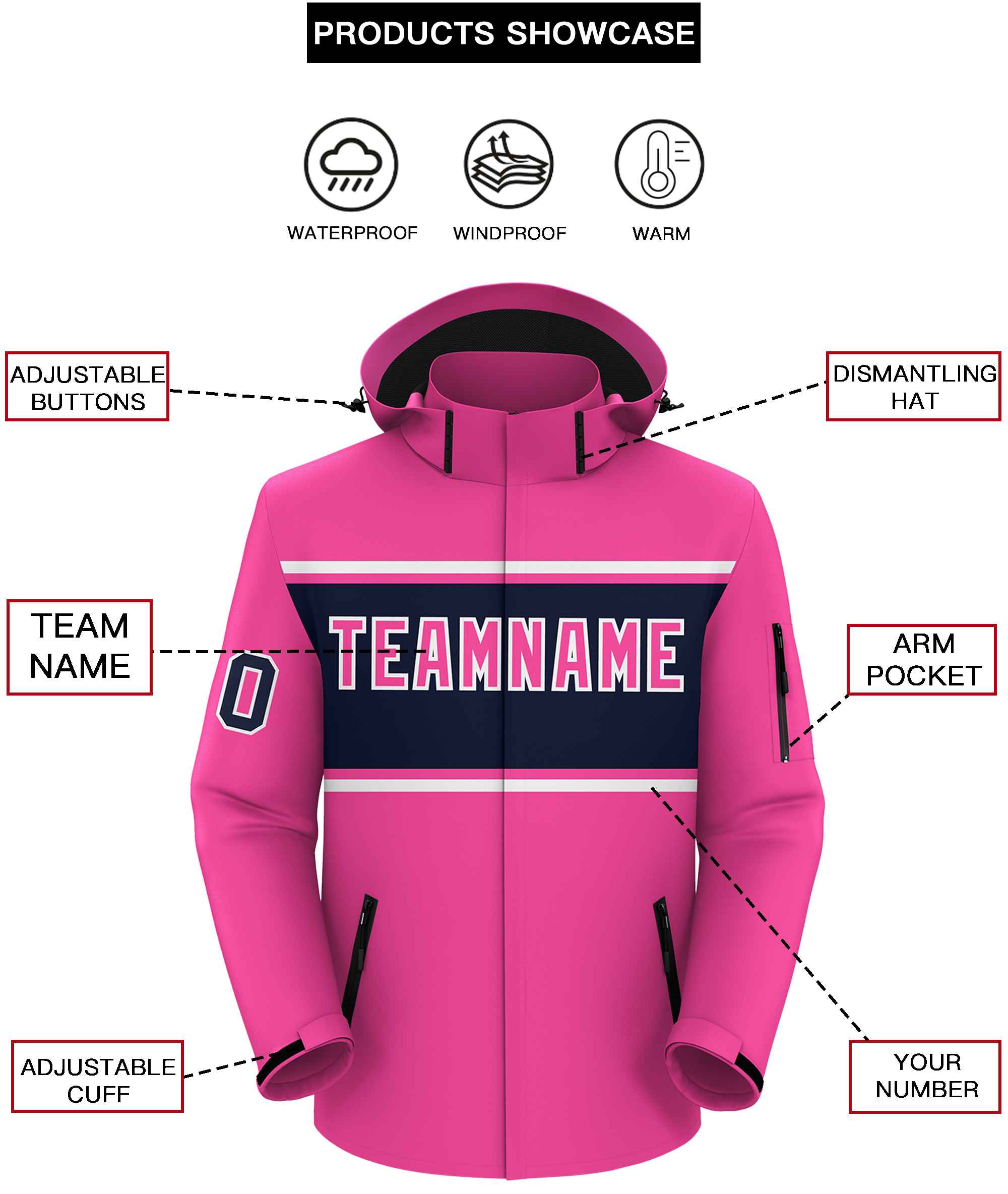 Custom Pink White-Navy Color Block Personalized Outdoor Hooded Waterproof Jacket