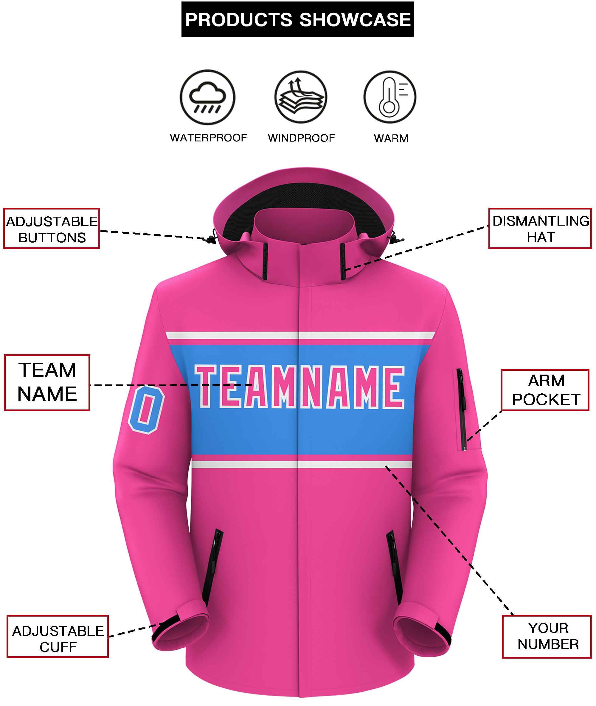 Custom Pink White-Powder Blue Color Block Personalized Outdoor Hooded Waterproof Jacket