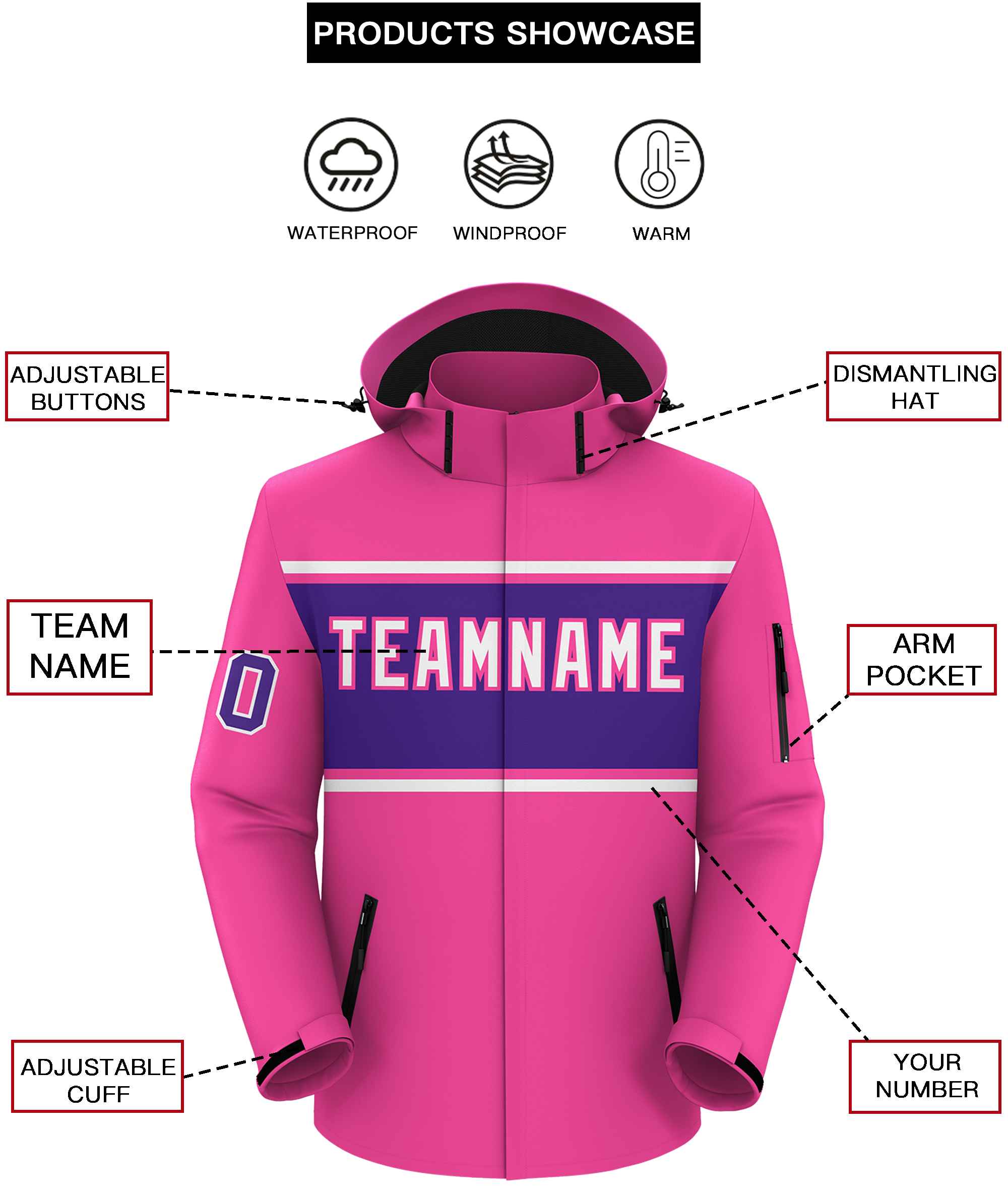 Custom Pink White-Purple Color Block Personalized Outdoor Hooded Waterproof Jacket