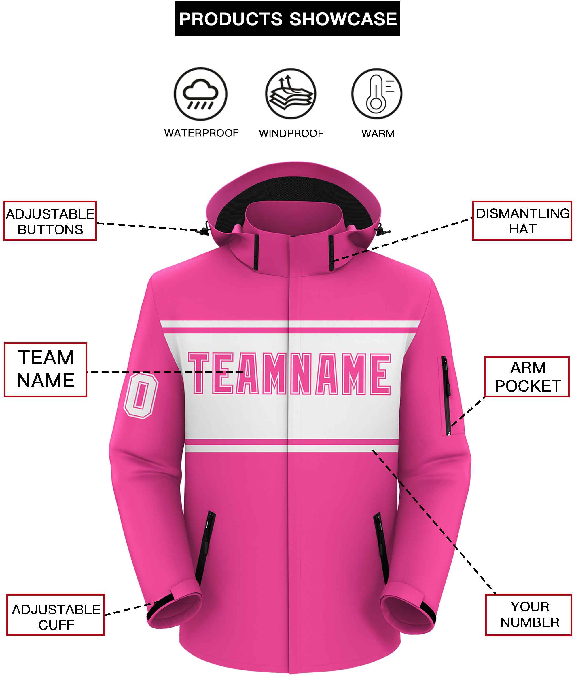 Custom Pink White Color Block Personalized Outdoor Hooded Waterproof Jacket