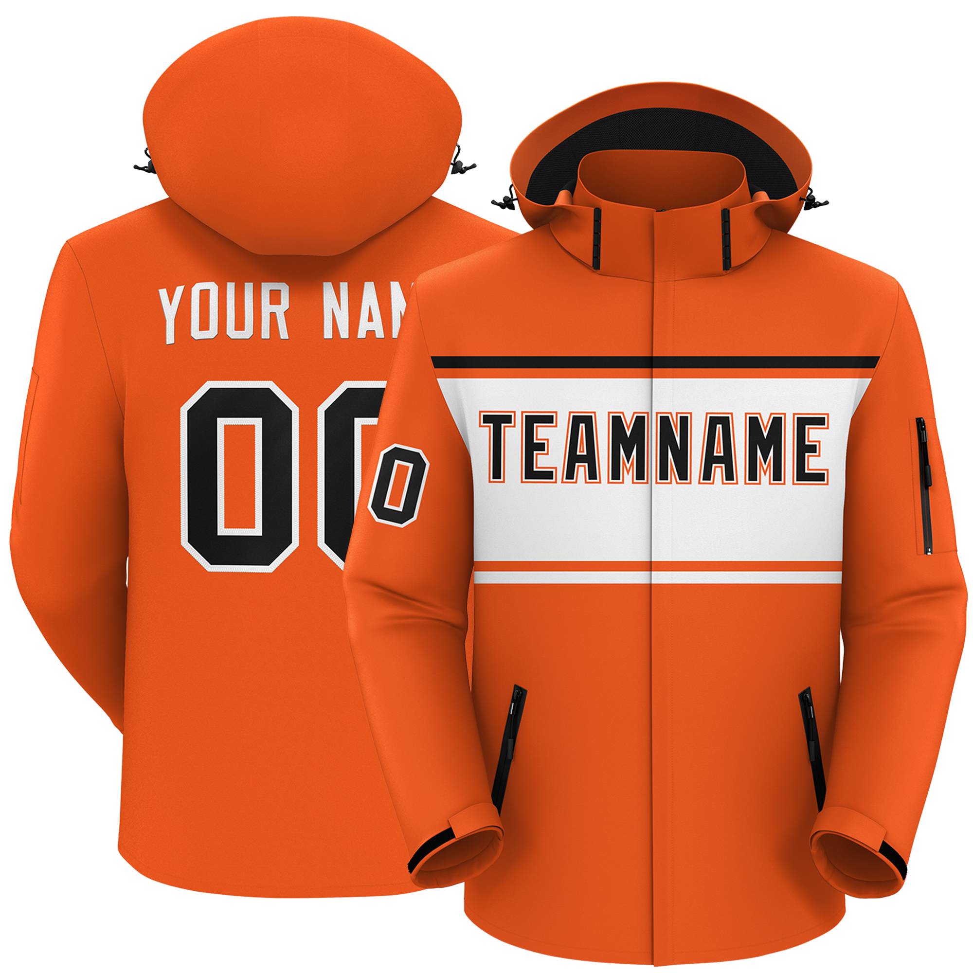 Custom Orange Black-White Color Block Personalized Outdoor Hooded Waterproof Jacket