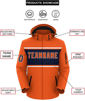 Custom Orange White-Navy Color Block Personalized Outdoor Hooded Waterproof Jacket