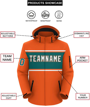 Custom Orange White-Aqua Color Block Personalized Outdoor Hooded Waterproof Jacket