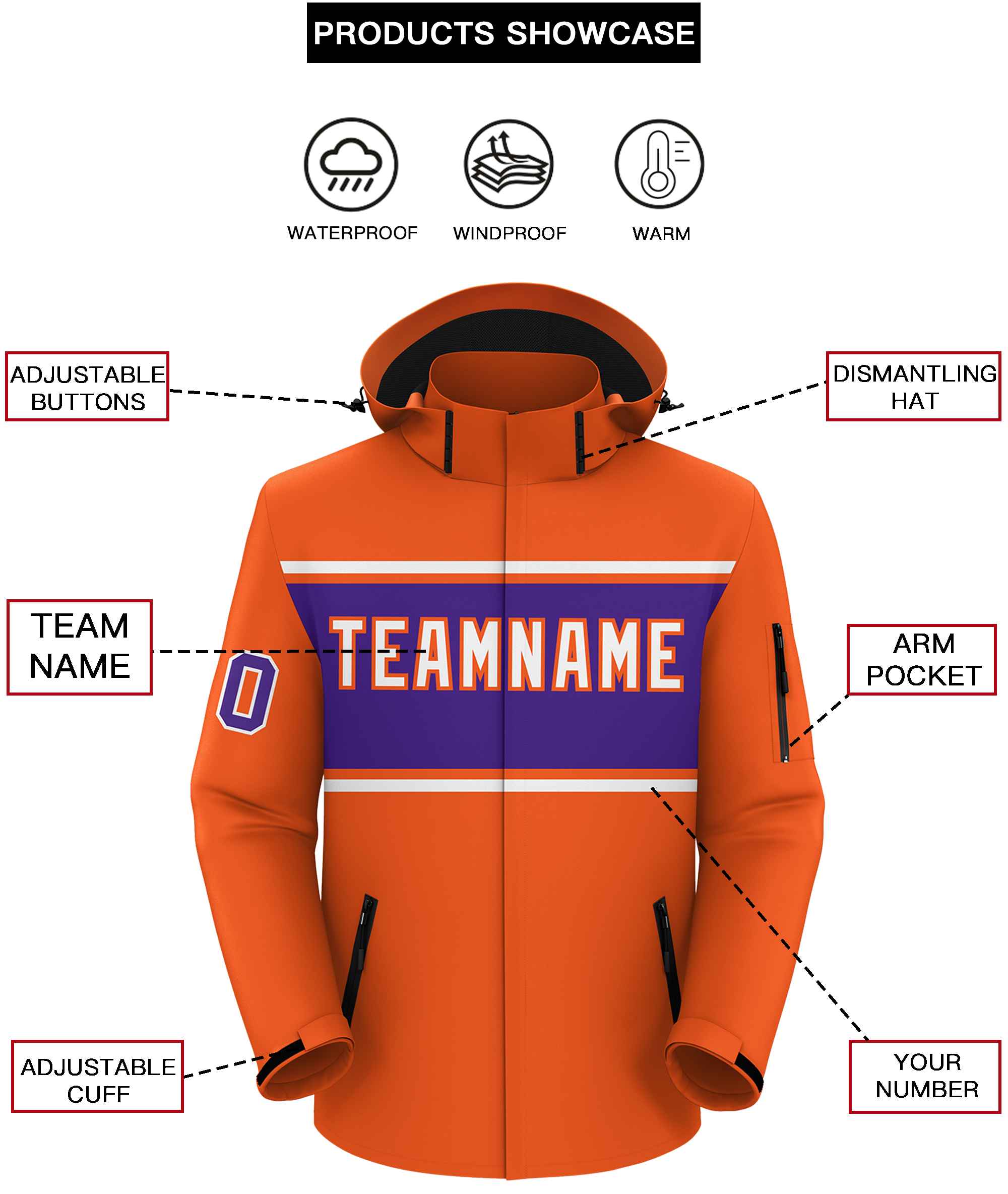 Custom Orange White-Purple Color Block Personalized Outdoor Hooded Waterproof Jacket