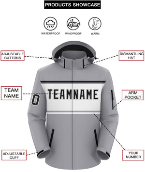 Custom Gray Black-White Color Block Personalized Outdoor Hooded Waterproof Jacket