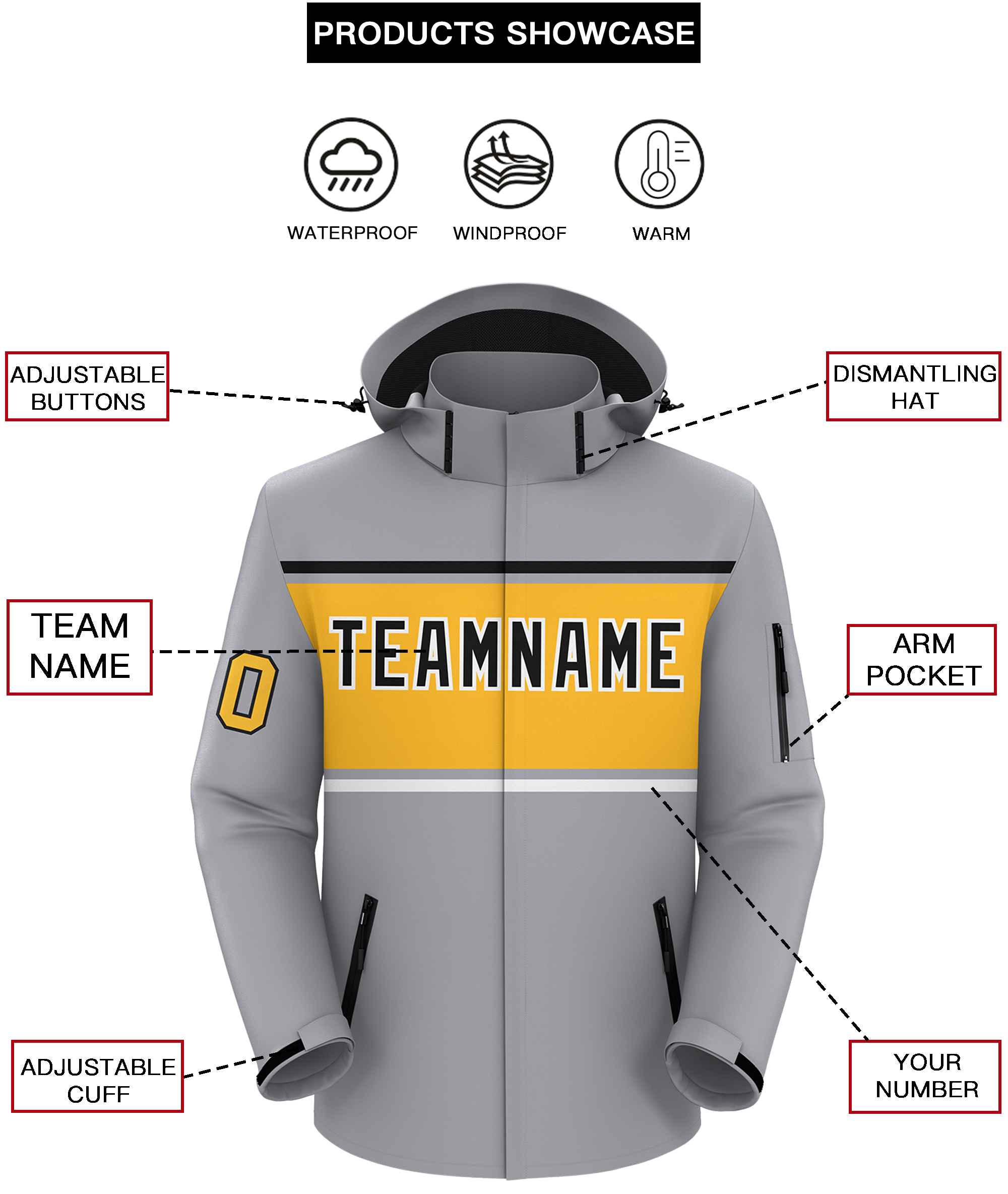 Custom Gray Black-Gold Color Block Personalized Outdoor Hooded Waterproof Jacket