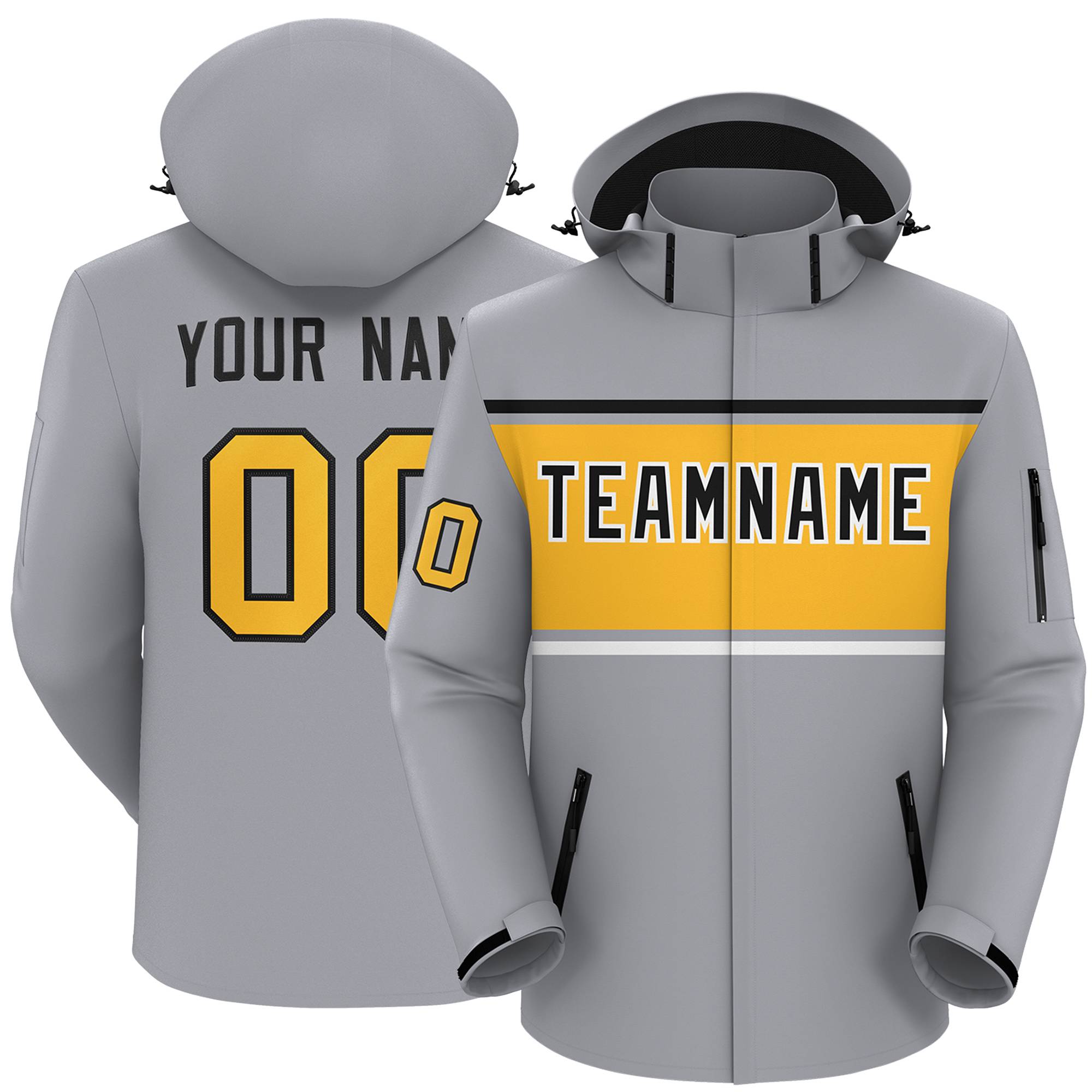 Custom Gray Black-Gold Color Block Personalized Outdoor Hooded Waterproof Jacket