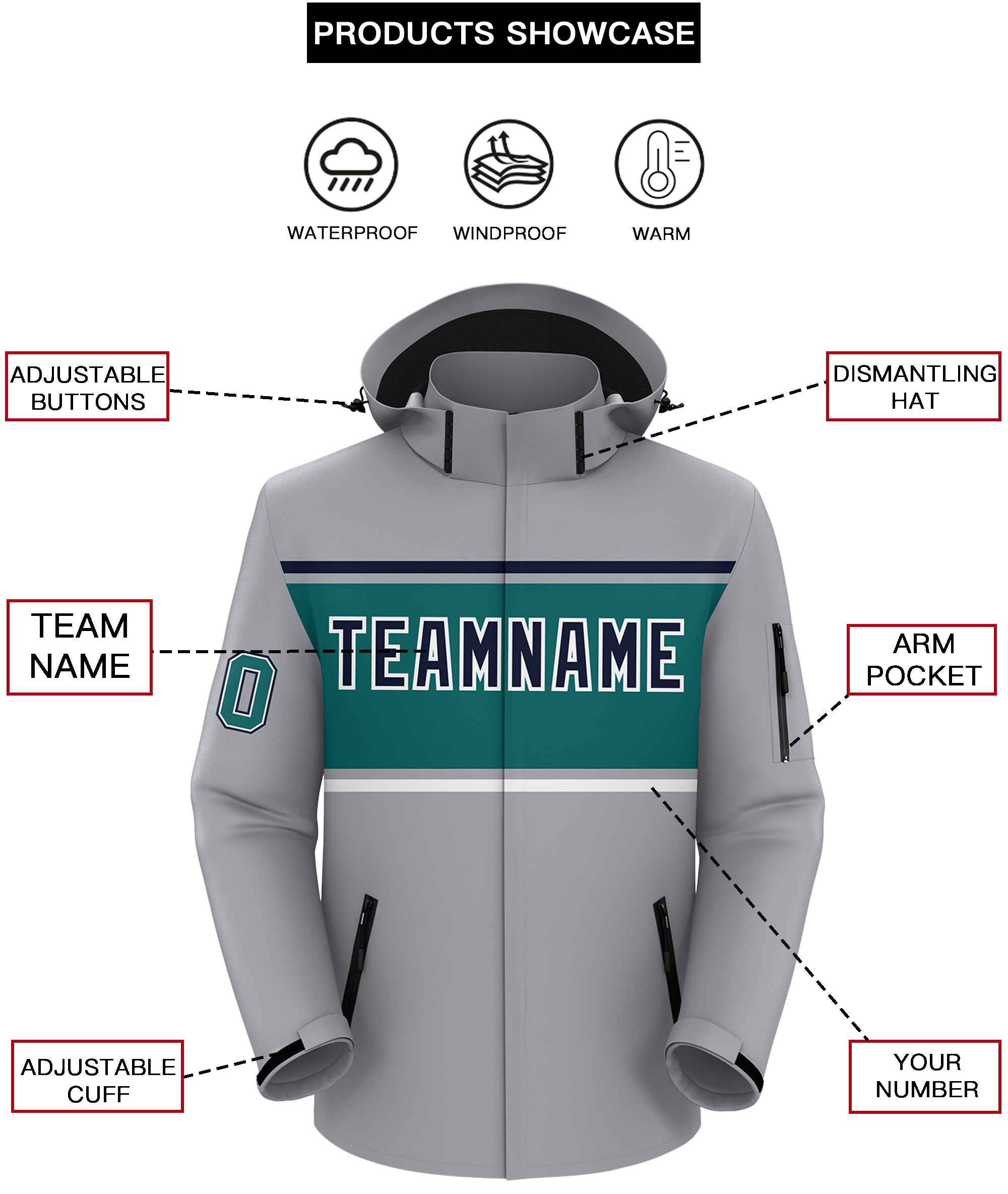 Custom Gray Navy-Aqua Color Block Personalized Outdoor Hooded Waterproof Jacket