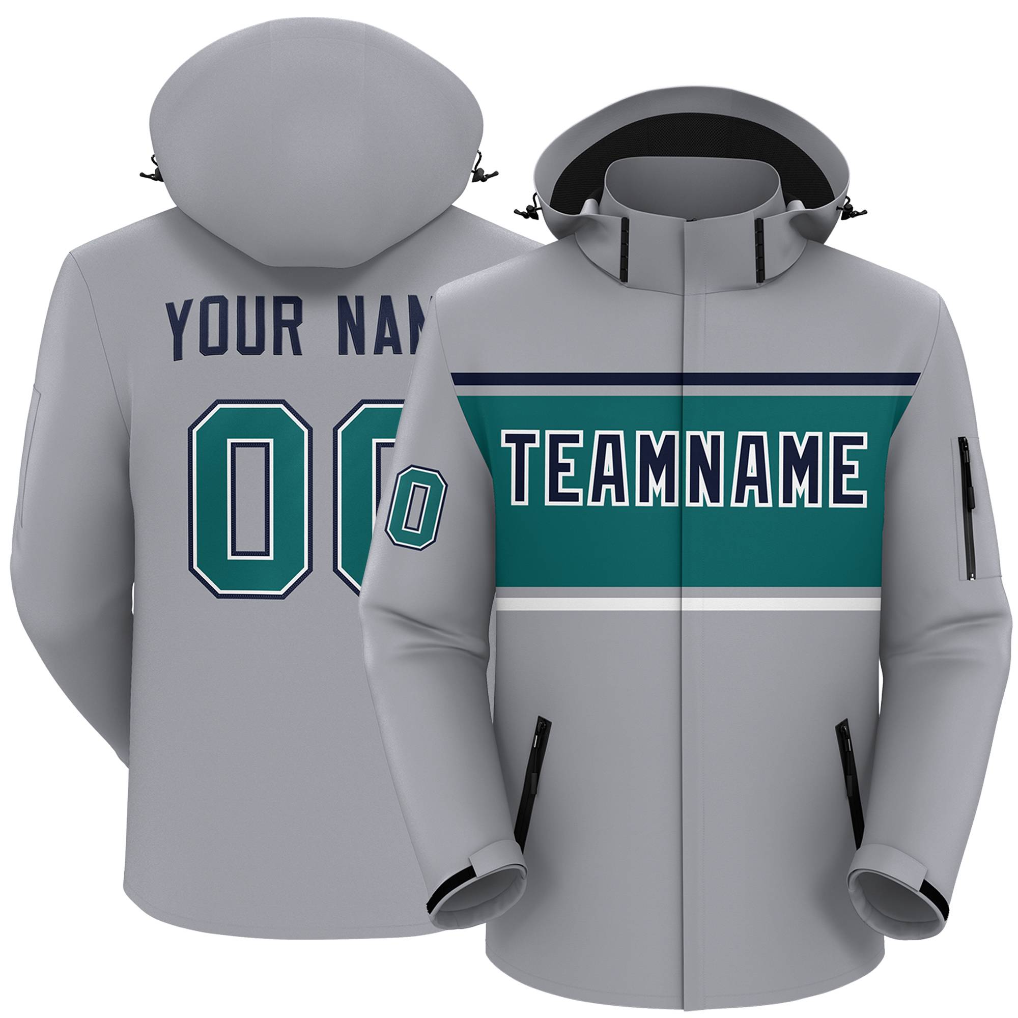 Custom Gray Navy-Aqua Color Block Personalized Outdoor Hooded Waterproof Jacket