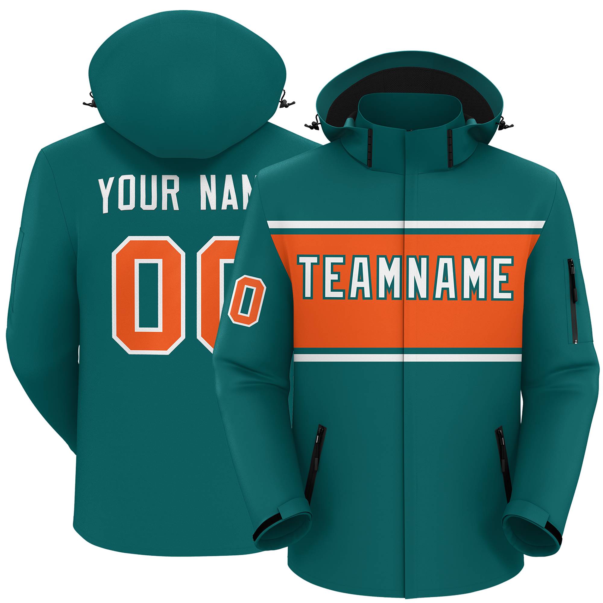 Custom Aqua White-Orange Color Block Personalized Outdoor Hooded Waterproof Jacket