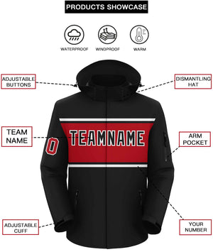 Custom Black White-Red Color Block Personalized Outdoor Hooded Waterproof Jacket