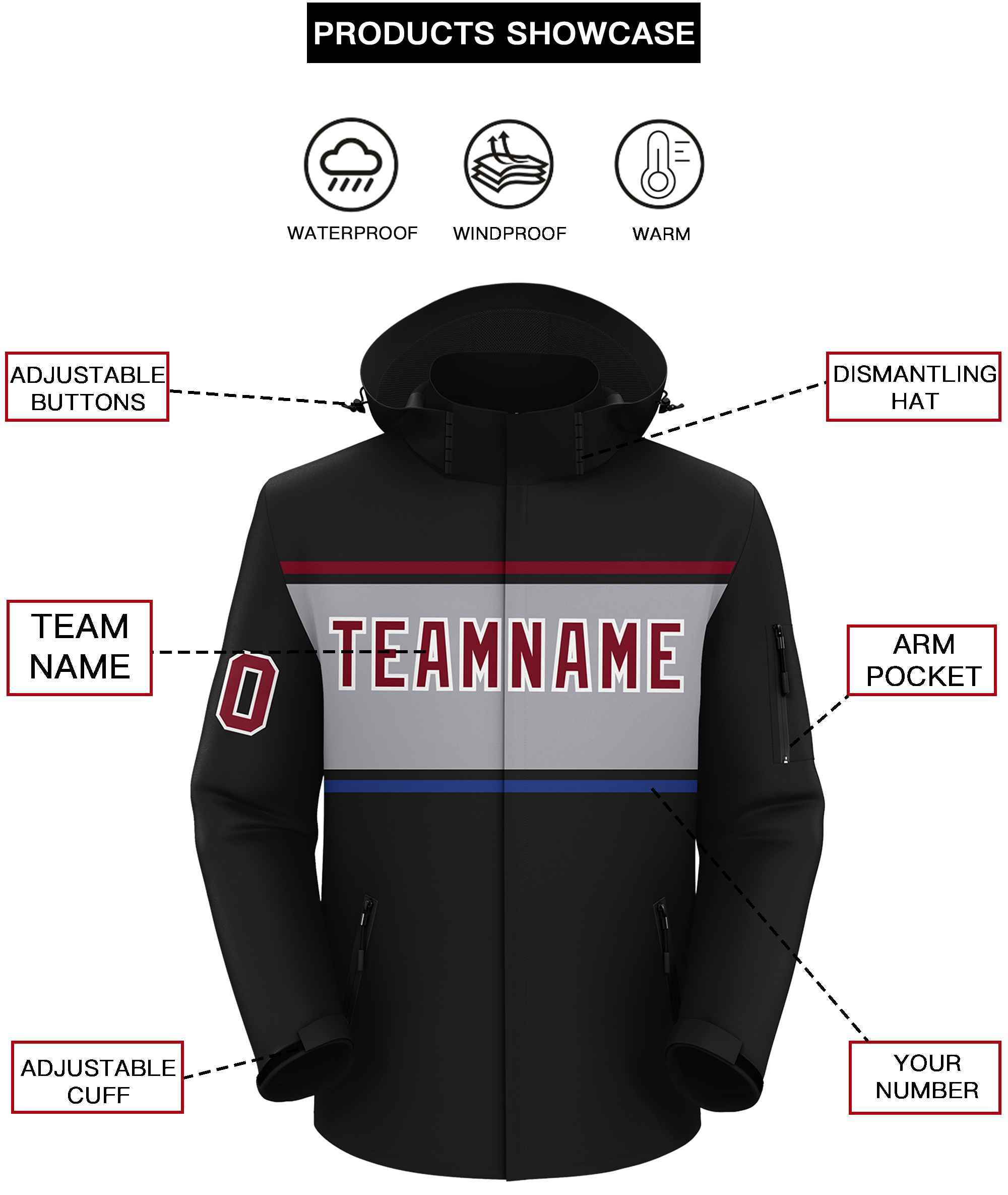 Custom Black Crimson-Gray Color Block Personalized Outdoor Hooded Waterproof Jacket